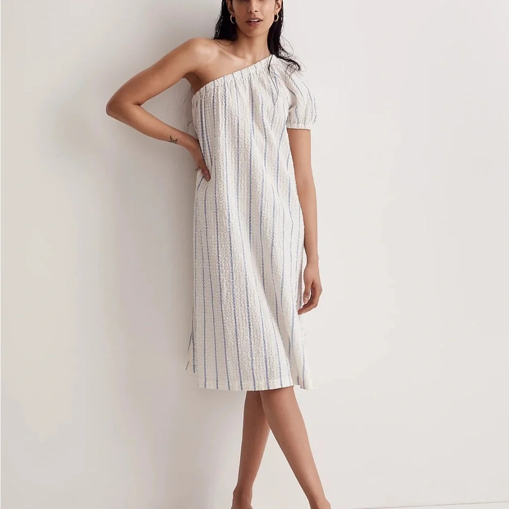 Madewell Seersucker One Shoulder Puff Sleeve Midi Dress